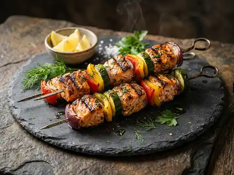 Gegrillte Fischspieße mit Zucchini und Paprika