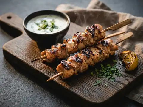 Gegrillte Hähnchen-Kebab-Spieße mit Joghurt-Minz-Sauce