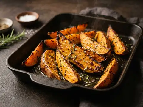 Geröstete Süßkartoffelspalten mit Kräuter-Öl