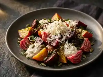 Gerösteter Bunte Bete Salat mit Meerrettich und Kürbiskernen