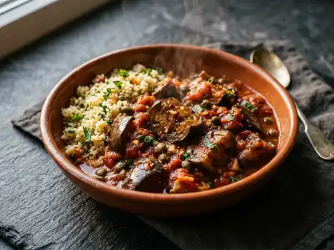 Geschmorte Auberginen mit Tomaten-Kapern-Sugo und Couscous