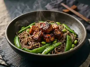 Glasierter Honig Tofu Mit Sobanudeln Und Zuckerschoten