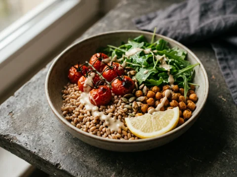 Grain Bowl mit Dinkel, Ofentomaten und Rucola