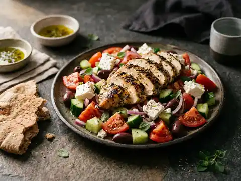 Griechischer Hähnchen-Salat mit Feta, Oliven und Fladenbrot