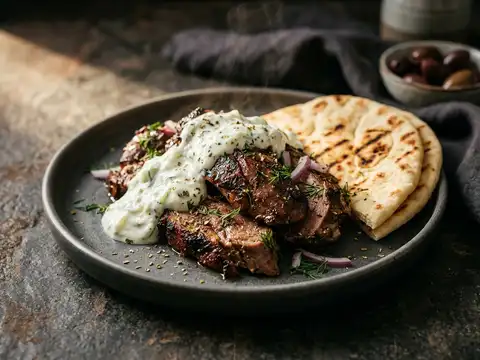 Griechisches Lamm-Gyros aus dem Ofen mit Tzatziki und Fladenbrot
