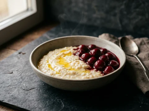 Grießbrei mit Kirschen und Butter