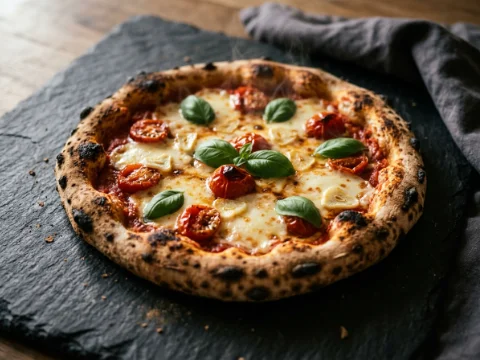 Pizza vom Grill mit Tomaten und Mozzarella