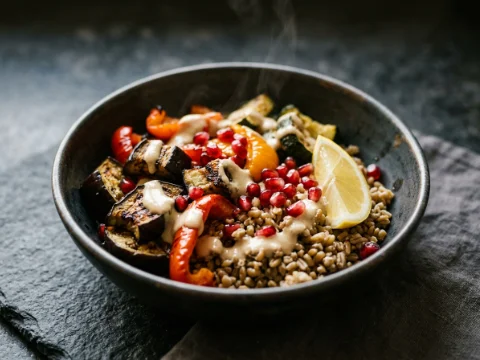 Grünkern-Bowl mit Ofengemüse und Tahini