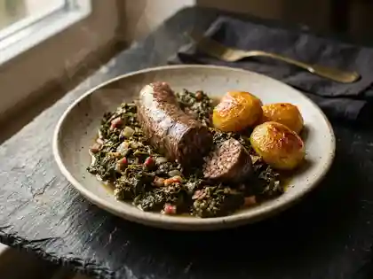 Grünkohl mit Pinkel und karamellisierten Kartoffeln