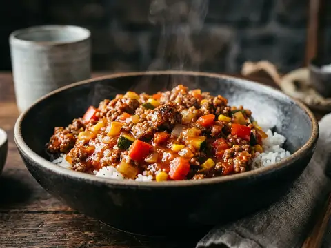 Hackfleischpfanne mit Reis und Gemüse