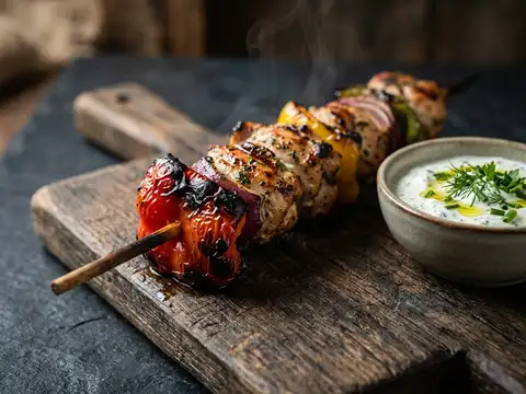 Hähnchen-Gemüse-Spieße vom Grill mit Kräuterquark