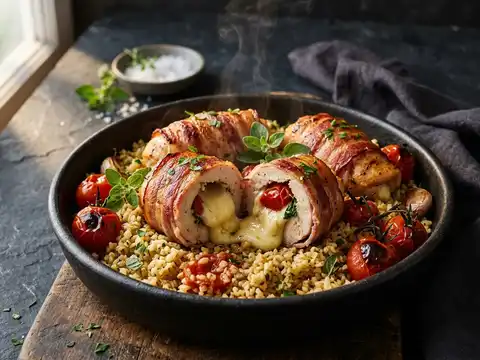 Hähnchen-Involtini mit Mozzarella, Ofentomaten und Bulgur