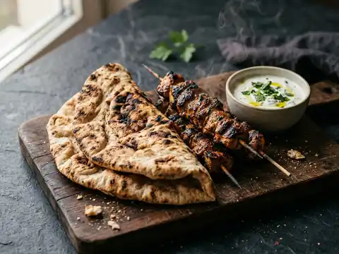 Hähnchen-Schawarma-Spieße mit Fladenbrot und Joghurtsauce