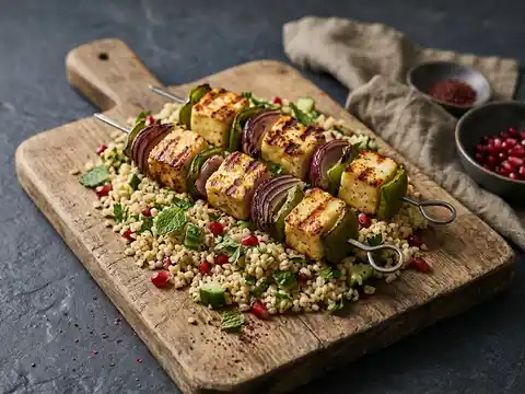 Halloumi-Spieße mit Bulgur-Granatapfel-Salat