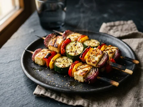 Grillierte Halloumi- und Gemüsespieße