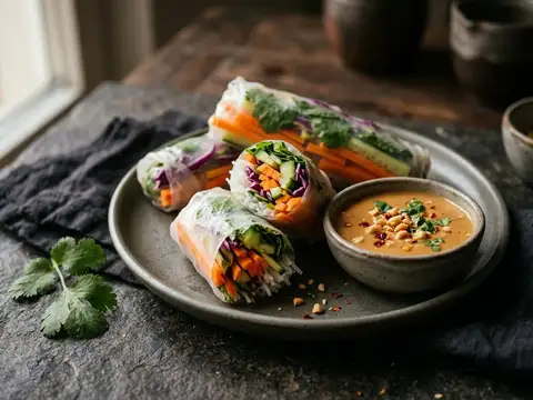 Herbstrollen mit Würzigem Erdnuss-Dip