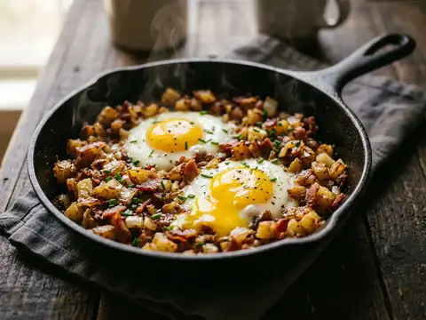 Herzhaftes Frühstücks-Skillet mit Speck und Ei