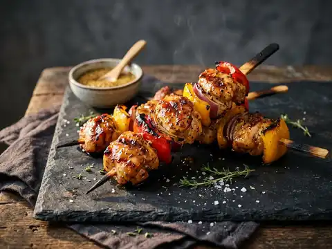 Honig-Senf-Hähnchenspieße vom Grill mit Paprika