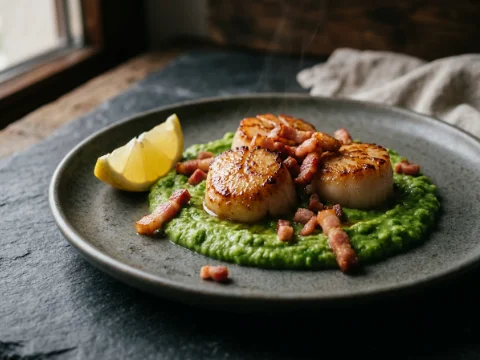 Jakobsmuscheln mit Erbsenpüree und Speck