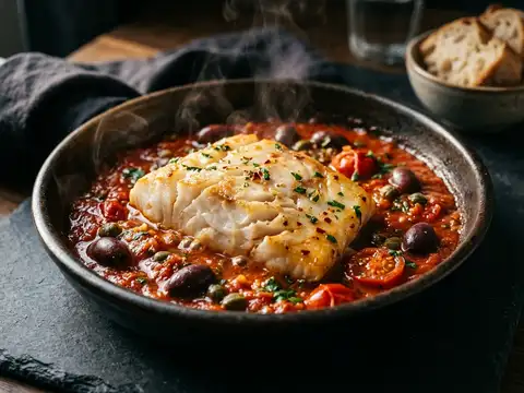 Kabeljau in Tomaten-Oliven-Sugo mit Kapern