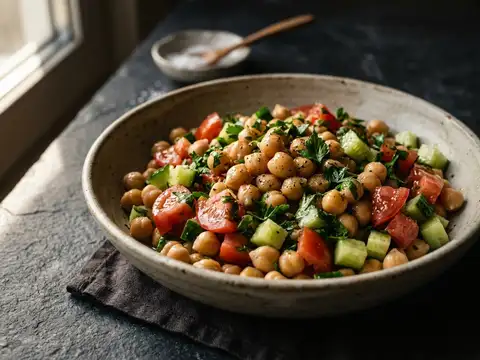 Kichererbsensalat mit Tomaten, Gurke und Petersilie
