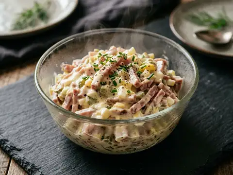 Klassischer Fleischsalat mit Gewürzgurken und Ei
