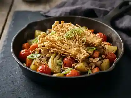 Knusprige Enoki-Pilze mit geröstetem Gemüse
