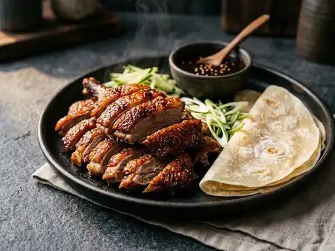 Knusprige Ente asiatischer Art mit Pfannkuchen und Hoisinsauce