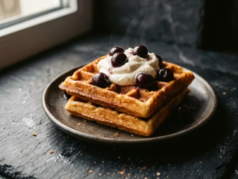 Knusprige Waffeln mit Sahne und Kirschen