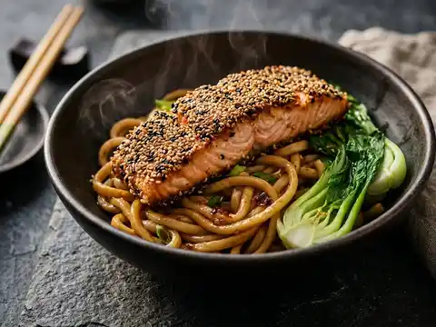 Knuspriger Sesam-Lachs mit Udon-Nudeln und Pak Choi