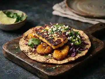 Kochbananen Tacos mit Limetten-Rotkohl und Grillkäse