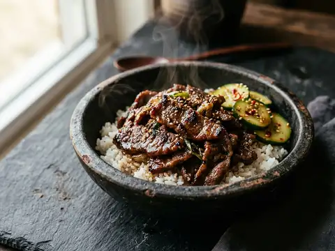 Koreanisches Rinder-Bulgogi mit Reis und Gurkensalat