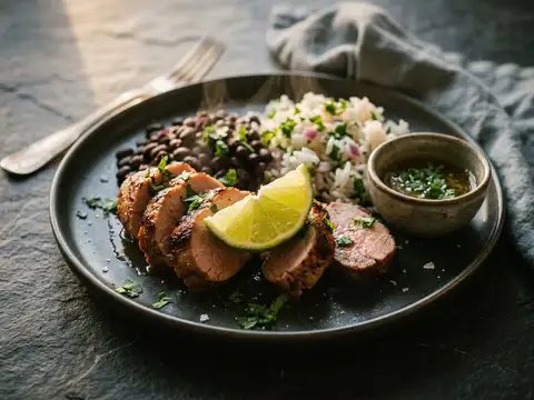 Kubanisches Mojo-Schweinefilet mit schwarzen Bohnen und Reis