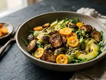 Kumquat Salat mit Geröstetem Rosenkohl und Avocado Dressing