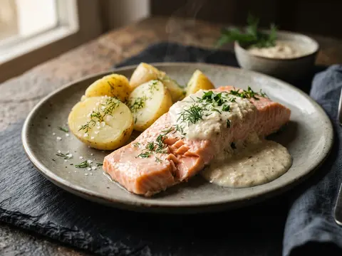 Lachsforelle mit Sahnemeerrettich und Salzkartoffeln