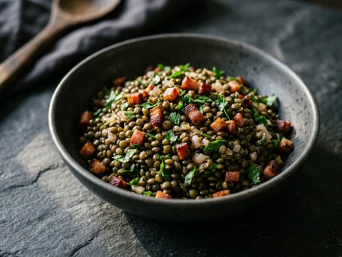 Lauwarmer Linsensalat mit geräuchertem Speck