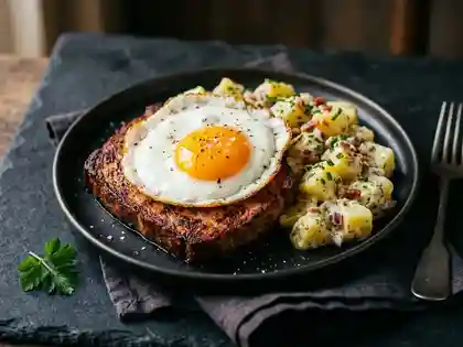 Leberkäse mit Kartoffelsalat und Spiegelei