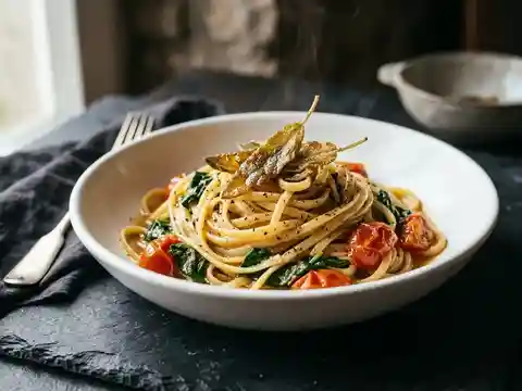 Linguine mit Salbeibutter, Babyspinat und Tomaten