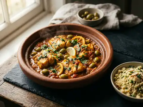 Marokkanischer Fisch-Tajine mit Oliven, Zitrone und Couscous