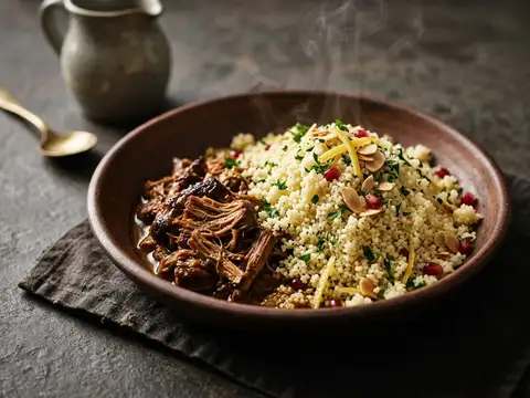 Marokkanisches Jackfruit-'Lamm' mit Zitronen-Couscous