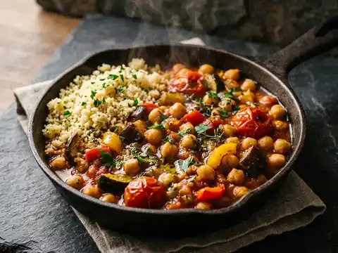 Mediterrane Kichererbsen-Gemüsepfanne mit Ofentomaten