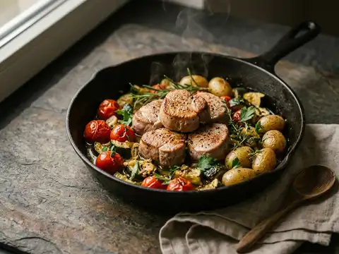Mediterrane Schweinefilet-Pfanne mit Zucchini und Kirschtomaten