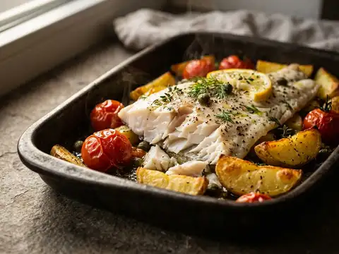 Mediterraner Ofen-Seelachs mit Ofenkartoffeln, Tomaten und Kapern