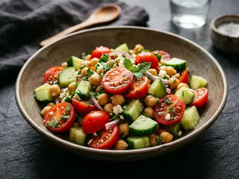 Mediterraner Tomaten-Gurken-Salat mit Kichererbsen und Kräutern