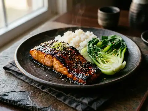 Miso-Lachs mit Sesam-Pak-Choi und Reis