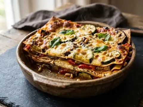 Ofengemüse-Lasagne mit Ricotta, Basilikum und Pinienkernen