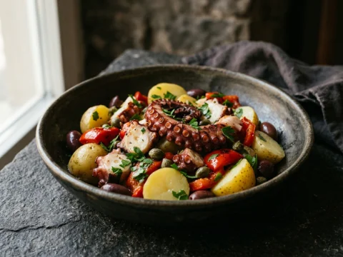 Oktopus-Salat mit Kartoffeln und Paprika
