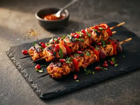 Orientalische Hähnchenspieße mit Harissa und Granatapfel