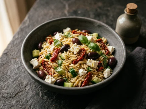 Orzo-Salat mit Feta und getrockneten Tomaten