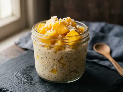 Overnight Oats mit Mango und Kokosraspeln